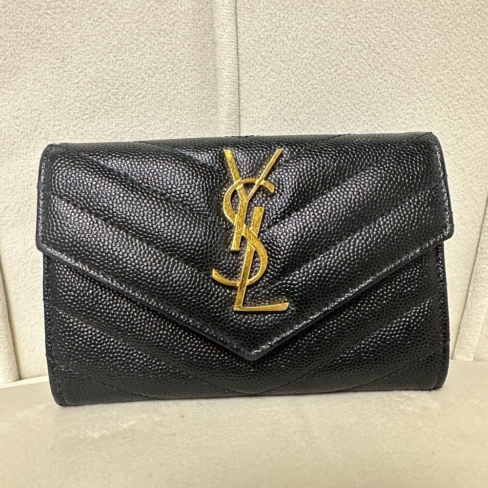 Yves Saint Laurent Black and Gold Chevron Quilted Wallet